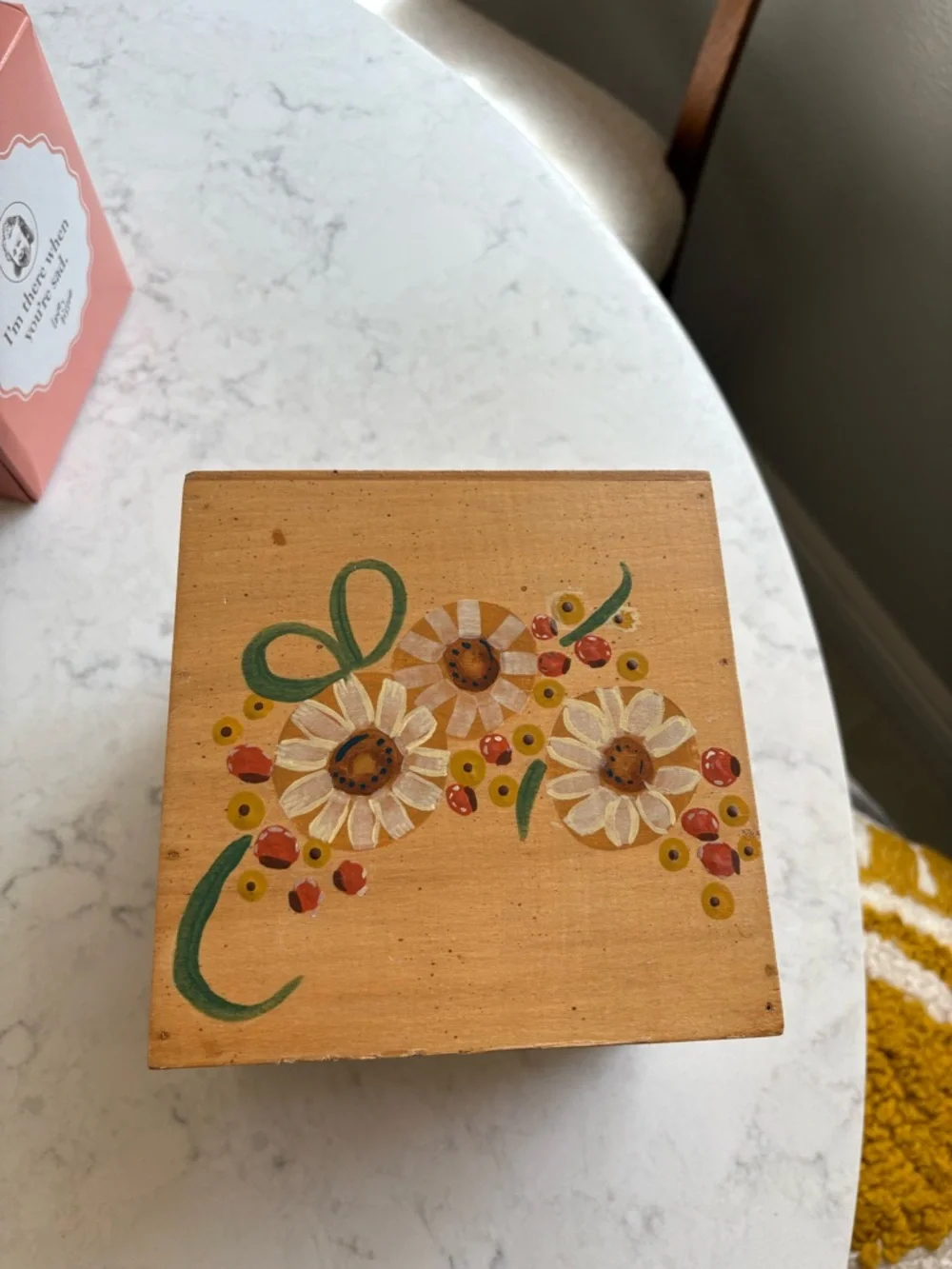 Vintage MCM Hand-Painted Floral Wooden Tissue Box Cover — Yellow & Green